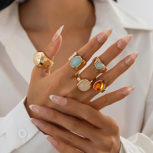 Chunky Gold Ring Set for Women Stackable Thick Acrylic Knuckle Rings Pack 5Pcs Hammered Resin Open Statement Rings Stack Trendy Jewelry Accessories2