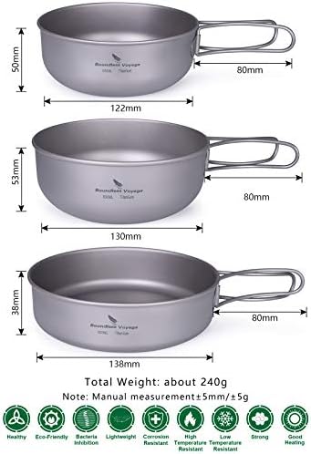 iBasingo Titanium Pot Pan Set Camping Cookware Outdoor Lightweight Kitchen 500ml 550ml 650ml Bowl Dish Portable Cooking Utensil with Folding Handle Travel Tableware for 1-2 People 3 Pieces/Set Ti2031C