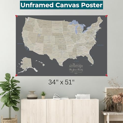 Image of Earth Tone USA Map with Pins Canvas Poster - Personalized United States Travel Map - Rolled Canvas Wall Art - Oversized 34 inch x 51 inch