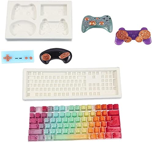 STmea Moldes para Gamepad, 2 mandos de silicona y mini moldes de teclado, adecuados para chocolate, resina epoxi, arcilla, decoración de pasteles, joyería y manualidades