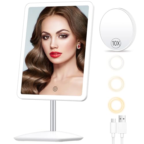 FASCINATE Espejo de tocador de maquillaje con luces, espejo iluminado recargable con aumento de 10X, rotación de 360°, luz de 3 colores, sensor táctil de atenuación ajustable, espejo cosmético