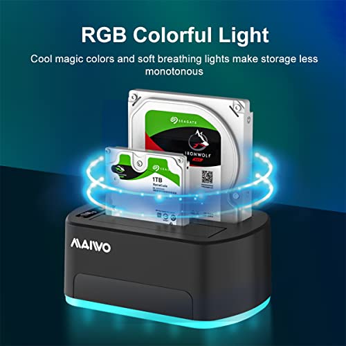 MAIWO Dual Bay RGB SATA to USB 3.0 Hard Drive Docking Station with Offline Clone, Duplicator for 2.5 and 3.5 Inch HDDs and SSDs, UASP Supported, Black - Thumbnail 2