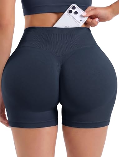 RIOJOY Womens Workout Yoga Scrunch Shorts 4" High Waisted Hidden Pockets Liftings Sports Biker Shorts Tummy Control Gym Running Booty Athletic 4D Soft Lightweight 2026 Fashion Outfit Navy Blue M