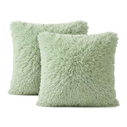 Image of 2-Pack Sage Green Cushion Covers 45x45cm, Soft Faux Fur Fluffy Pillow Covers, Wrinkle Resistant & Anti-Shedding Decorative Plush Cushion Covers for Sofa Bedroom Living Room