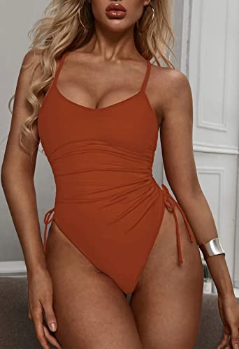 Viottiset Women's Ruched Drawstring One Piece Swimsuit Tummy Control Plus Size Bathing Suit Burnt Orange XX-Large - Image 5