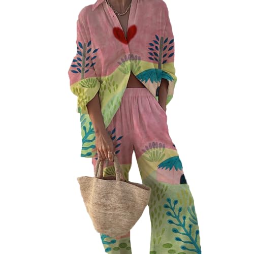 Kubsid Women Outfits Sets Casual Floral Button Down Shirt Wide Leg Pants Beach Sexy Matching Loungewear Workout Sets L Pink Horse