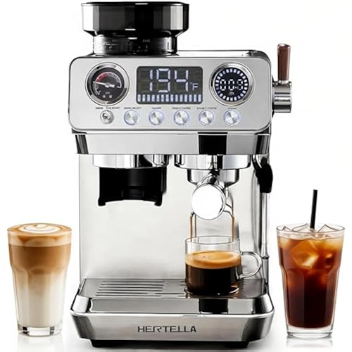 HERTELLA Espresso Machine with Burr Grinder, 20 Bar Visual Pressure Gauge, Milk Frother Steam Wand, Stainless Steel, 4 Temperature Modes (Hot and Cold Brew), Automatic Pressure Release Function