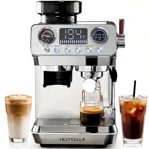 HERTELLA Espresso Machines with Burr Grinder, 20 Bar Visual Pressure Gauge, Milk Frother Steam Wand, Stainless Steel, 4 Temperature Modes (Hot and Cold Brew)，Automatic Pressure Release Function