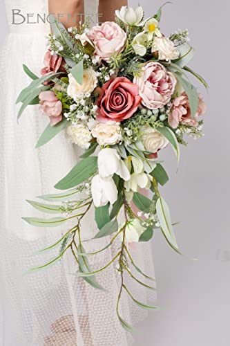 Bencentre 12" Dusty Rose Wedding Bouquet Austin Rose Mix Artificial Flowers, Cascading Bridal Bouquet For Wedding Ceremony Anniversary, Bridal Shower, Party And French Rustic Vintage Wedding #TOP4