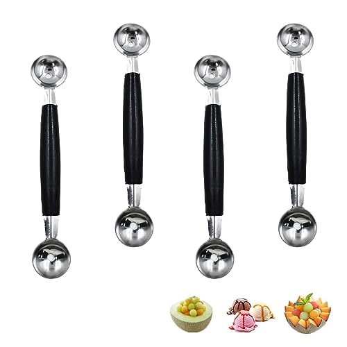 4 Pack Double Ended Headed Fruit Icecream Ball Spoon,430 Stainless Steel Melon Baller,Smooth Round Melon Balls Melon Scoop for Watermelon/Ice Cream/Fruits/Sorbet/Meatball