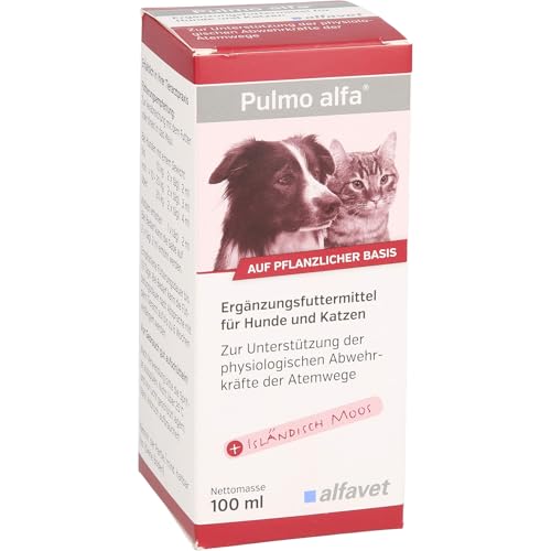 Alfavet Pulmo alfa | 100 ml | Flüssiges Ergänzungsfuttermittel für Hunde und Katzen | Zur Unterstützung der Atemwege | Mit pflanzlichen Substanzen und natürlichen Aromastoffen