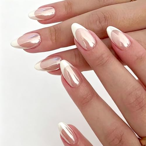 30Pcs Chrome Press on Nails White French Tip Glue on