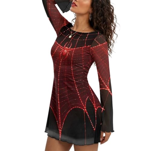 Irisjudy Goth Long Sleeve Mesh Mini Dress for Women Spider Web Print