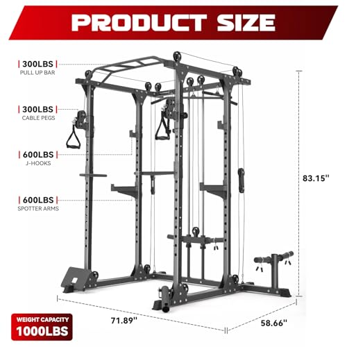 RUNREELY Full Power Rack with Cable Crossover System, 1000LBS Power Cage Home Gym Workout Rack for Weight Lifting and Bench Press Training