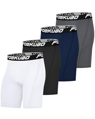 Poekuao 4 Pack Compression Underwear for Men Spandex Running Shorts Sports Athletic Base Layer Breathable Workout Performance Underwear Black/White/Grey/Navy Blue M