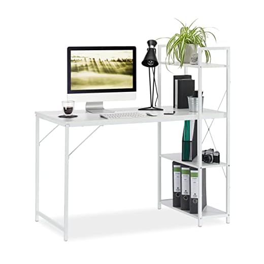 Relaxdays, 121 x 120 x 62 cm, Blanco Escritorio & Estantería, Cuatro estantes, Mueble Moderno, DM-Metal