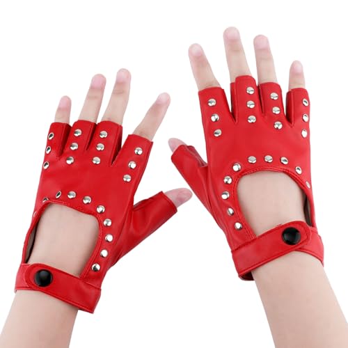 Mikovivi Half Finger Leather Gloves for Women, Fashionable Red Fingerless Leather Gloves with Studs for Halloween, Cosplay, Performance