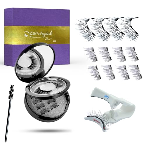 Magnetic Eyelashes with Applicator – 3 Pairs Reusable Magnetic Lashes Natural Look, Wispy Strip & Half False Eyelashes Kit, No Glue Needed, 4 Magnet Upgrade,Black, Elegant Black Lash Box with Mirror
