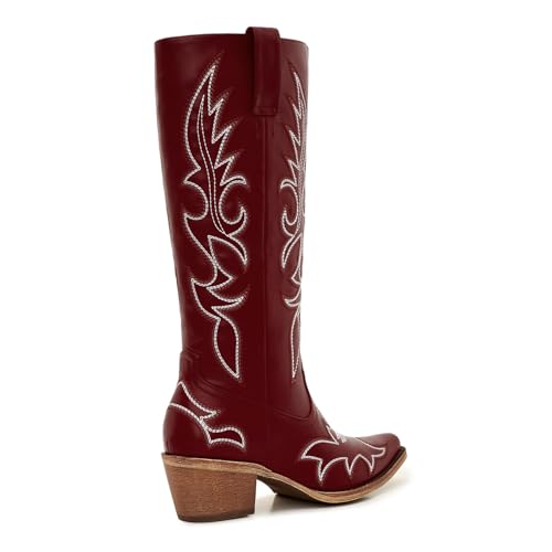 Image of Uillnoodu Women's Turquoise Cowgirl Boots - Wide Calf Mid Calf Western Boots Plus Size Embroidered Cowboy Style with Block Heel