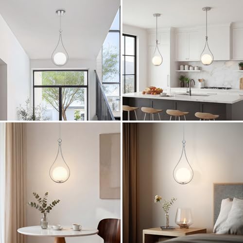 Image of Nickel Pendant Lights Kitchen Island with Milky White Globe Glass, 3 Pack | Mid Century Adjustable Hanging Pendant Light Fixtures