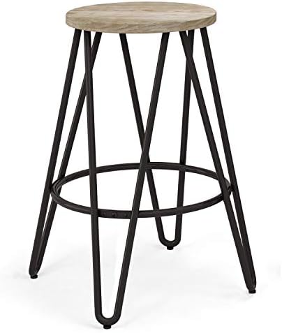 SIMPLIHOME Simeon 24 inch Counter Height Stool, Natural and Black Metal and Elm Wood, Round, Backless, for the Kitchen and Dining Room, Industrial