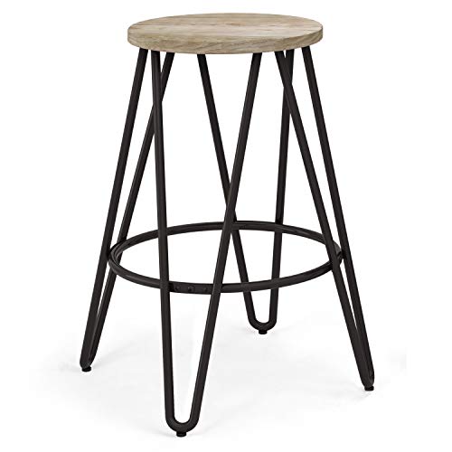 Simplihome Simeon 24 Inch Counter Height Stool, Natural And Black Metal And Elm Wood, Round, Backless, For The Kitchen And Dining Room, Industrial #TOP20