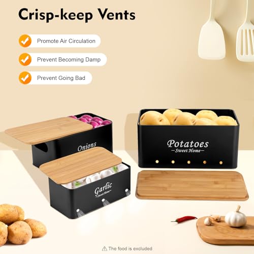 UHDUIG Lot de 3 boîtes de rangement pour pommes de terre, oignons, ail, avec couvercle en bambou, poignées creuses, empilables, pour oignons, pommes de terre, ail – vue 4