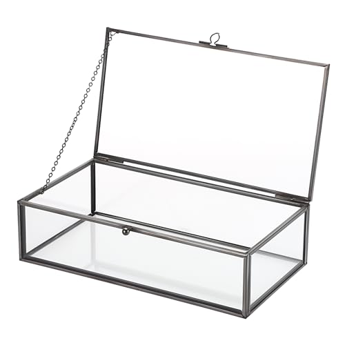Hipiwe Glass Keepsakes Display Box with Lid - Decorative Black Glass Box Clear Rectangle Storage for Trinket Perfume Cards Gift