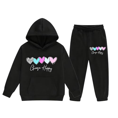 Girls Tracksuit Set Kids Age 3-14 Years Long Sleeve Hoodie Sweatshirt and Trousers Outfits Sets for Girls Trendy Spring Winter Comfy School Casual Jogging Athletic Sport Streetwear (Black, 6-7 Years)