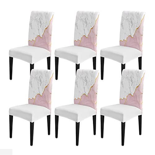 Marble Pink Dining Chair Cover Set of 4,Stretch Chair Protectors Slipcover,Spandex Kitchen Chair Seat Back Cushion Slip Cover for Dining Room,Party,Ceremony Marbling White Gray Gold Modern Abstract