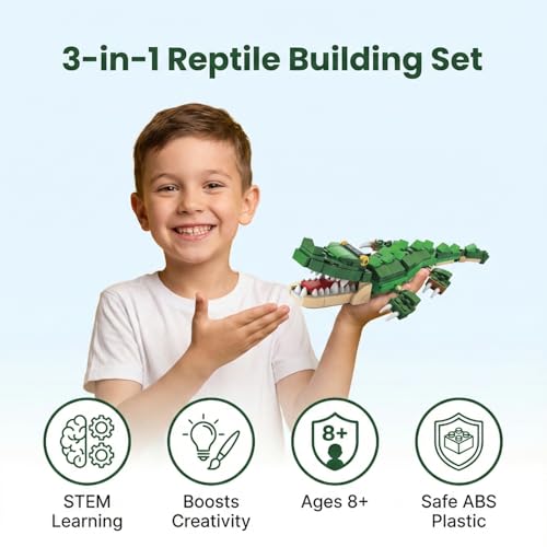 Image of Apex 3-in-1 Wild Animal Building Blocks Set- Build Crocodile, Chameleon or Snake (Single Model at a Time), 190+ Piece Kids Construction Toy, STEM Creative Blocks for Age 6+