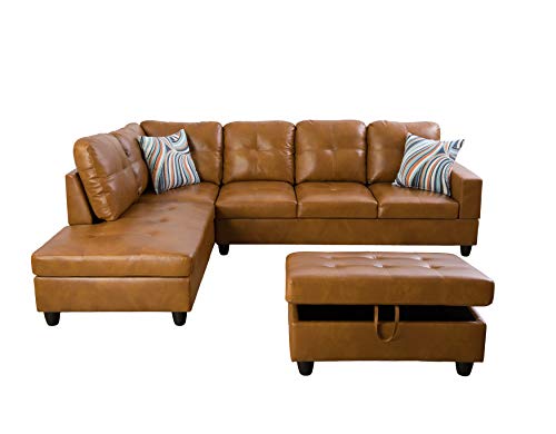 Aycp Contemporary Sectional Sofa W/Chaise And Storage Ottoman|3-Piece L-Shape Living Room Furniture|Faux Leather Upholstery|High-Density Memory Foam Cushions|(2) Toss Pillows (Ginger Left Facing) #TOP1