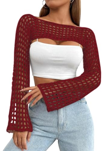 Image of Womens Crochet Shrug Y2K Hollow Out Bolero Shrug See Through Cropped Knit Sweater Top