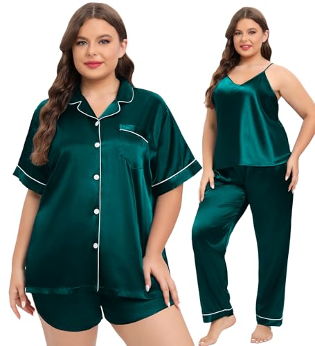 Image of SWOMOG Women Plus Size Pajama Set 4pcs Silk Satin Sleepwear Button Down Pjs Cami Shorts Set Loose Loungewear 16W-26W