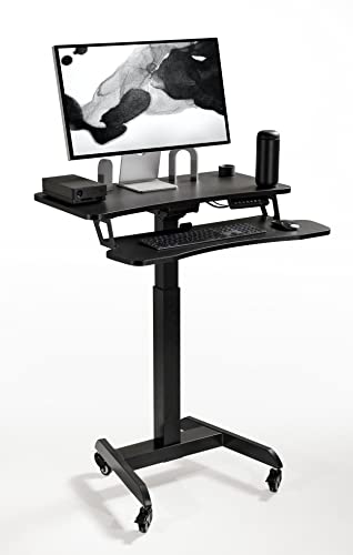 Mobile Desk Workstation with Electric Standing Desk, Keyboard Tray, Height Adjustable Computer Stand - Small Space Standing Desk on Wheels, Mobile Standing Desk Adjustable Height, Black