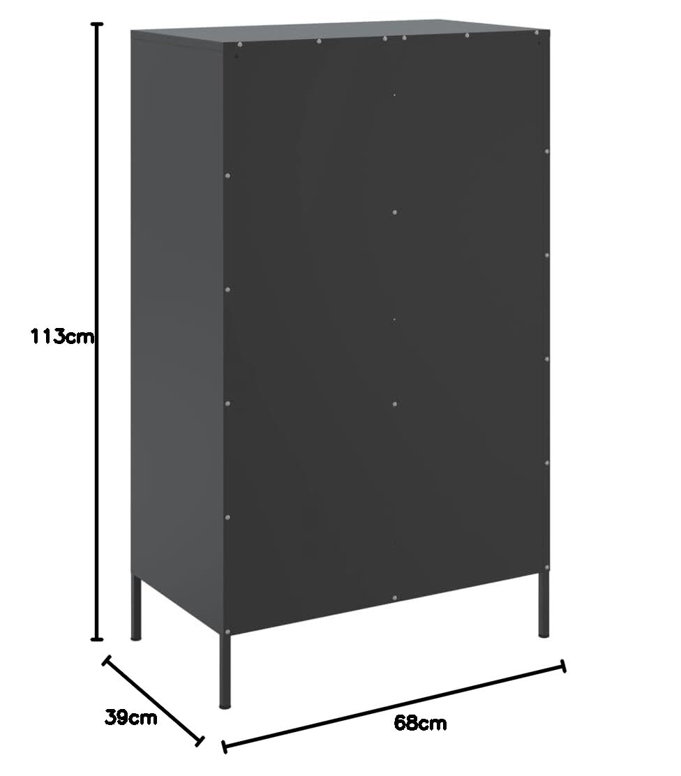 Aparador industrial de acero negro 68 x 39 x 113 cm con 2 estantes y 2 compartimentos, robusto armario de salón para comedor, pasillo y dormitorio
