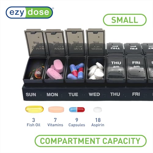 Image of EZY DOSE Weekly, AM /PM Daily Pill Organizer, 7-Day Medicine Planner, Vitamin Container, Small Pop-Out Compartments, 2 Times a Day Pill Holder, Black, Travel-Friendly, BPA Free