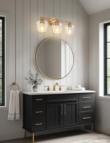 Image of DORESshop 3-Light Gold Bathroom Light Fixtures with Clear Wine Glass Covers, Brushed Brass Bathroom Lighting Fixtures Over Mirrors, Modern Vanity Lights for Bathrooms Bedroom Living Room Hallway, ETL