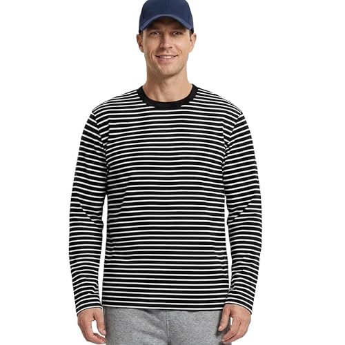 Image of Zengjo Striped Long Sleeve T Shirt Mens(Black&White Narrow, L)