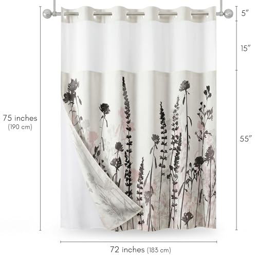 Americanflat 72x75 Hookless Shower Curtain - Water-Resistant Floral Shower Curtain with Sheer Panel, Snap-in Liner, and Grommets - 100% Polyester - Botanical Bathroom Curtains - Black, Pink and White by Americanflat - Used condition - Image 3