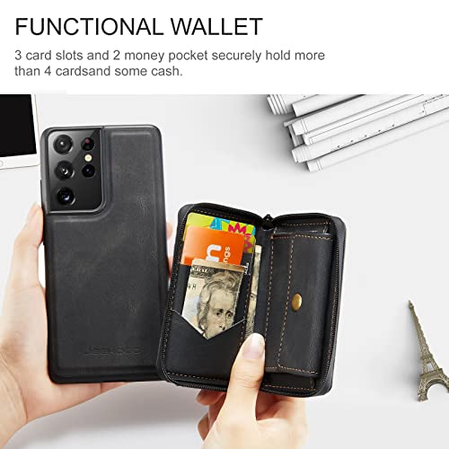 Cell Phone Flip Case 2 In 1 Detachable Wallet Case For Samsung Galaxy S21 Ultra, Leather Slim Shockproof Phone Back Case,Magnetic Stand Protective Zipper Wallet Case W Card Holder+Money Pocket Smart D #TOP1