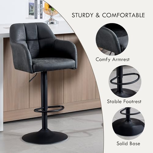 Butacos giratorios de barra, set de 2 unidades, estilo moderno, tapizados en cuero sintético, altura ajustable de 24 a 33 pulgadas, con reposabrazos y reposapiés, para isla de cocina/barra/comedor/bistró, gris oscuro miniatura 3