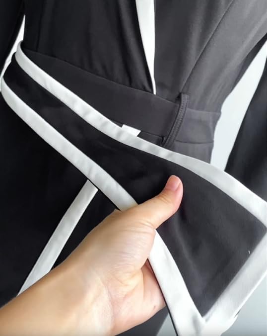 CHICME Wrap Front Jumpsuits for Women Contrast Paneled Long Sleeve Notched Collar Padded Shoulders Casual Jumpsuit - Image 4