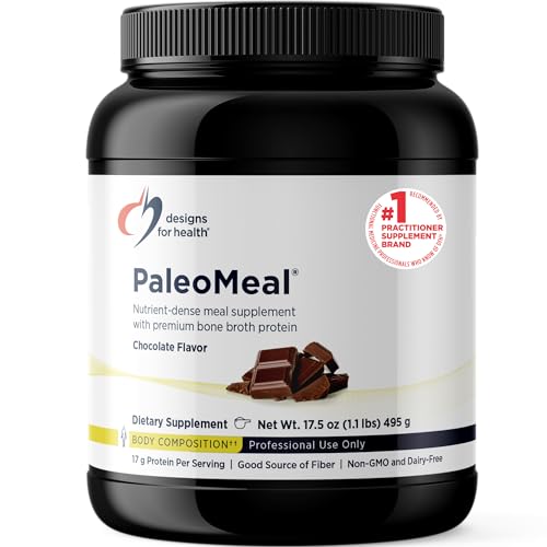 Designs for Health Pure PaleoMeal - Bone Broth Protein Powder with 17g Protein, Meal Replacement Shake Dietary Supplement with Active Folate + Chelated Minerals, Chocolate (15 Servings / 510g)