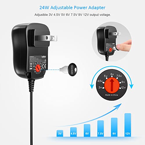 Belker 24W Universal Ac/Dc Adapter Multi-Voltage Regulated Switching Power Supply With 9 Selectable Adapter Plugs For 3V 4.5V 5V 6V 7.5V 9V 12V Household Electronics - 2Amps Max #TOP4