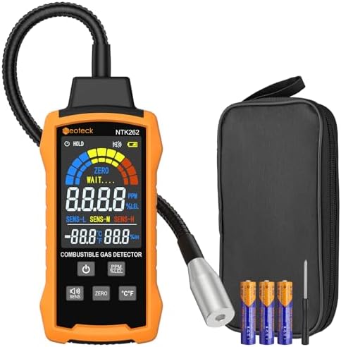 Neoteck Natural Gas Detector 0-9999PPM/0-20% LEL Gas Leak Detector with 12” Gooseneck Combustible Gas Detector with 3 Sensitive Modes Test Methane Propane Gasoline for Gas Pipeline Gas Stove and RV