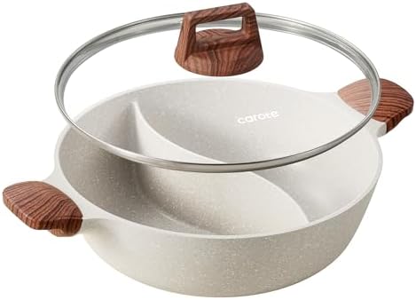 CAROTE 4.5QT Stockpot with Divider Double Flavor, White Granite | Kitchen Braiser Pan with Glass Lid, Dual Sided