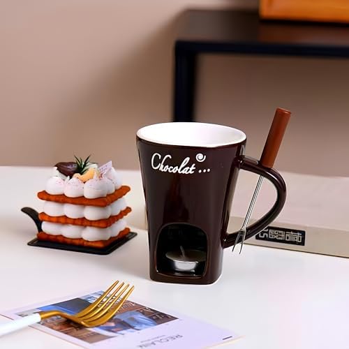 CREHNIL Chocolate Melting Mug Cheese Candy Mini Fondue Pot With Forks (Brown) — view 6