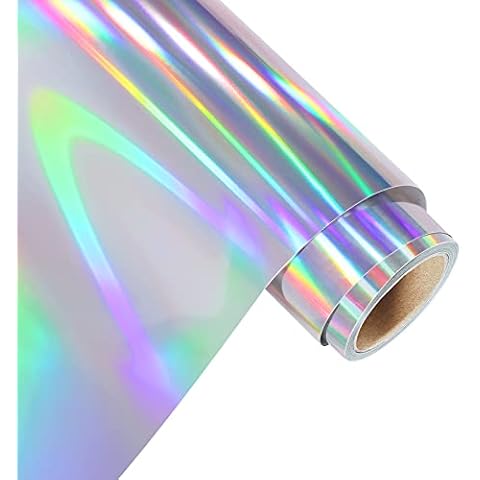 AHIJOY Holographic Vinyl Permanent Adhesive Silver 12" x 15FT Glossy Rainbow Vinyl for Silhouette Crafts Decal Signs Stickers,Glossy Rainbow Silver Cover