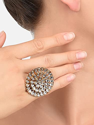 ZAVERI PEARLS Gold Tone Kundan Flower Adjustable Finger Ring For Women-ZPFK10176 - Image 6